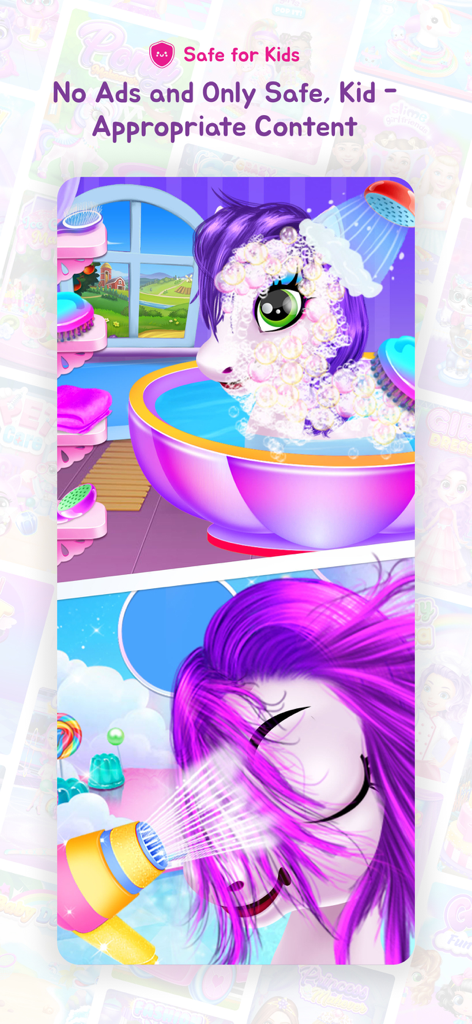 Girls Games! +1000 Kids Games - Juego de baño y peluquería de ponis en un entorno seguro y sin anuncios para niños.