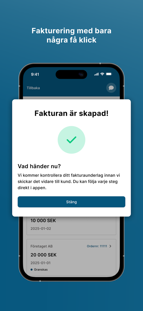 Frilans Finans - Una pantalla de smartphone que muestra una notificación de éxito después de crear una factura de autónomo en la aplicación Frilans Finans.