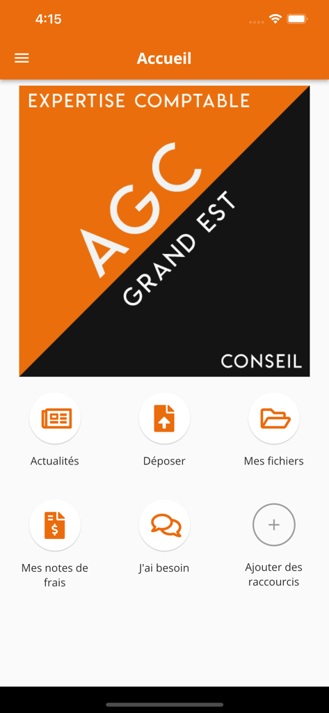 AGCGE comptabilite app home screen showing accounting dashboard with icons for news, file uploads, and expense reports