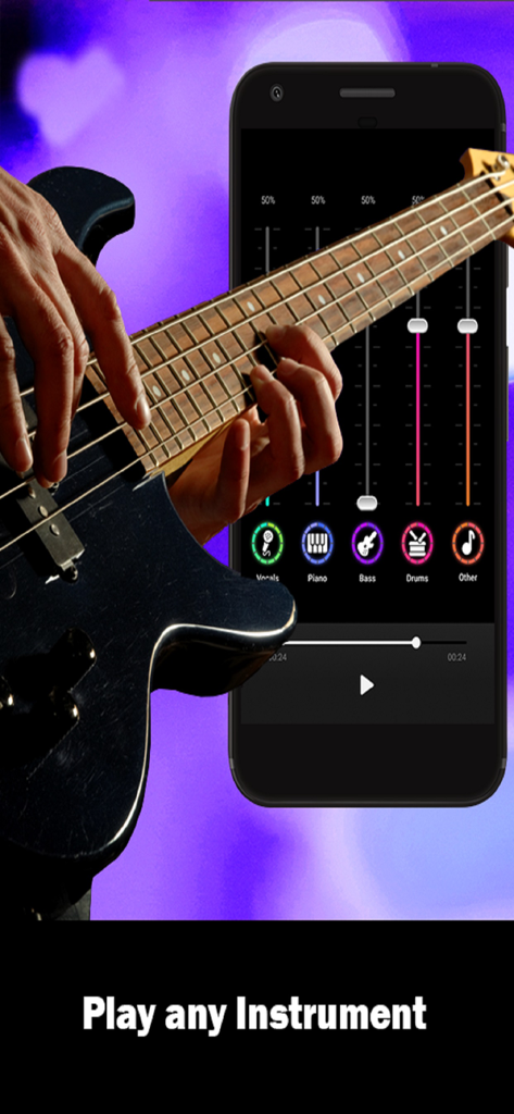 SplitHit app interface with audio sliders for different instruments shown next to a person playing guitar