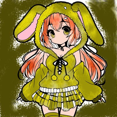 pretty anime girl wearing a fluffy hoodie with bunny ears on the hood and a skirt