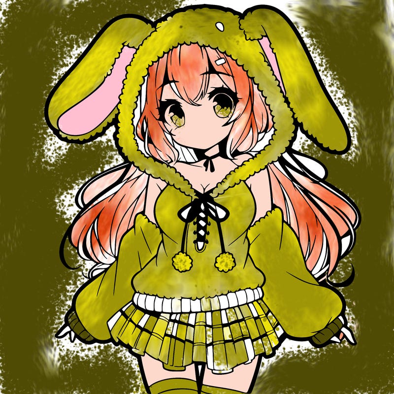 pretty anime girl wearing a fluffy hoodie with bunny ears on the hood and a skirt