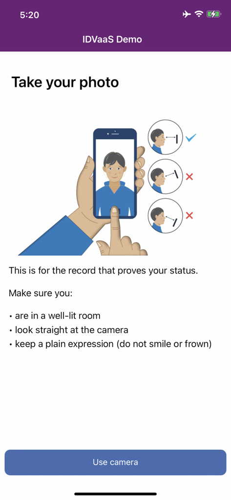 IDVaaS - IDVaaS app interface showing instructions and illustrations for taking a biometric photo for identity verification.