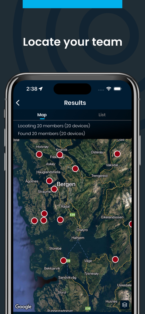 TeamAlert app map interface showing real-time location of team members