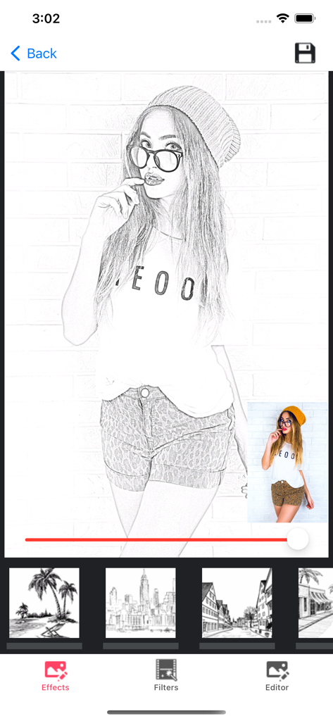 젊은 여성의 사진에서 만들어진 사실적인 연필 스케치를 보여주는 모바일 앱 인터페이스.