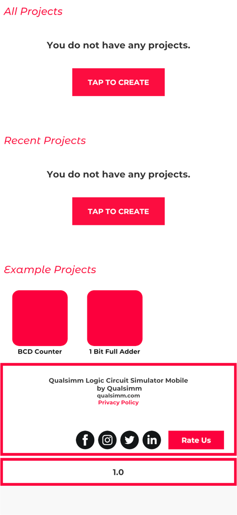 Logic Circuit Simulator - Pantalla de inicio de proyectos de la aplicación Simulador de Circuitos Lógicos mostrando ejemplos de proyectos de circuitos.