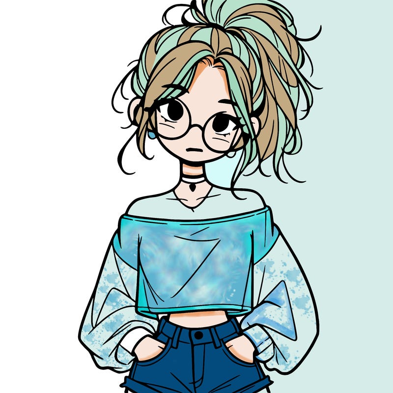girl with a messy ponytail glasses a baggy crop top and jean shorts