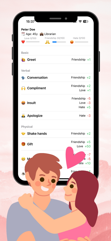 Real Life Simulator - A mobile phone screen from the Real Life Simulator app showing relationship interaction options like greeting, complimenting, and giving gifts to a character.