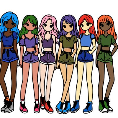 a group of girls wearing crop tops and shorts