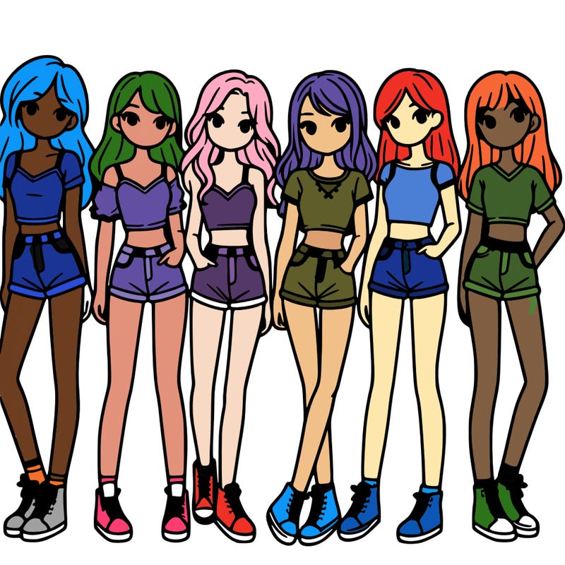 a group of girls wearing crop tops and shorts