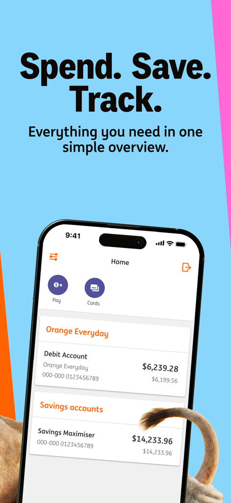 ING banking app home screen showing account balances for daily spending and savings