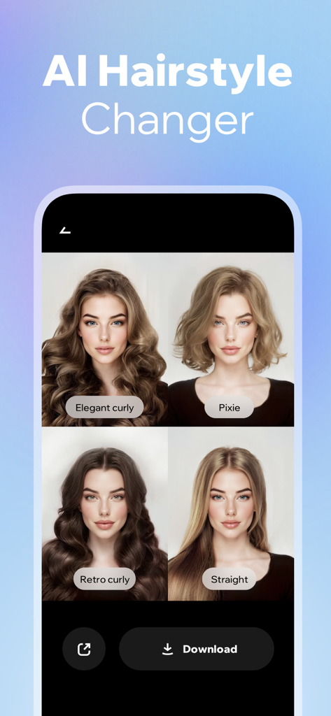 Prookie: Hair AI Hairstyle app - Interfaccia AI Hairstyle Changer di Prookie che mostra quattro diverse simulazioni di taglio di capelli, inclusi eleganti ricci e stili pixie