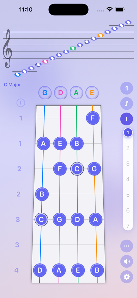 Screenshot of the Violin Vista app displaying a fingerboard diagram and musical staff for C Major in the first position