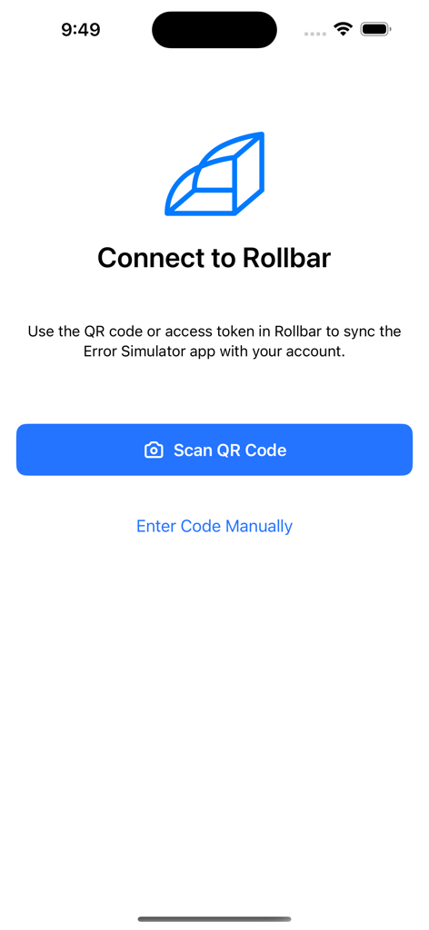 QRコードスキャンと手動コード入力ボタンを備えたRollbarへの接続画面。