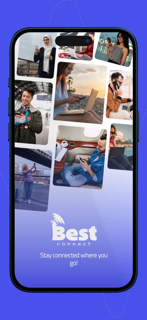 Best Connect eSIM - Best Connect eSIM app intro screen showing a collage of travelers using mobile devices around the world with the slogan Stay connected where you go