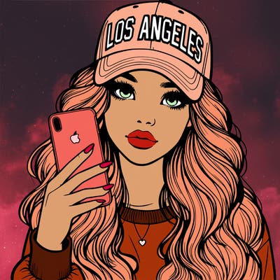 realistic beautiful girl wearing los ángeles cap holding an iphone