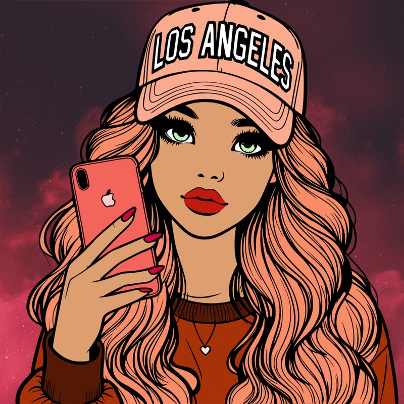 realistic beautiful girl wearing los ángeles cap holding an iphone