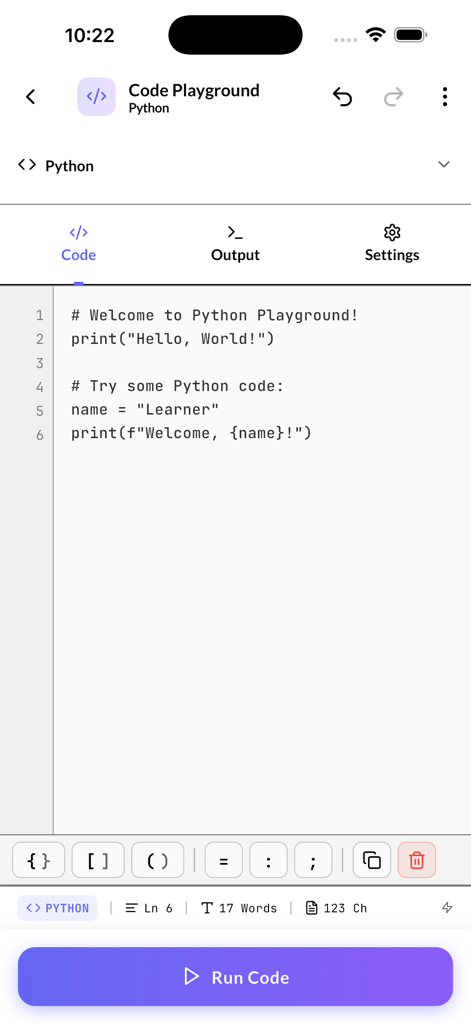 Mobile Python code editor with run button and script examples