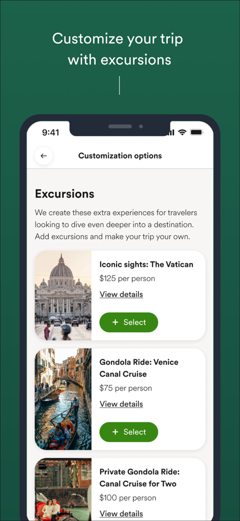 EF Go Ahead Tours - A mobile screen from the EF Go Ahead Tours app displaying optional travel excursions such as a Vatican tour and Venice gondola rides with pricing.