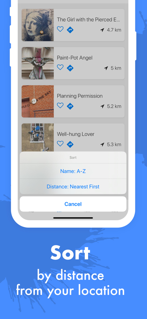 Mobile app interface showing a list of Banksy artworks in Bristol with options to sort by name or distance.