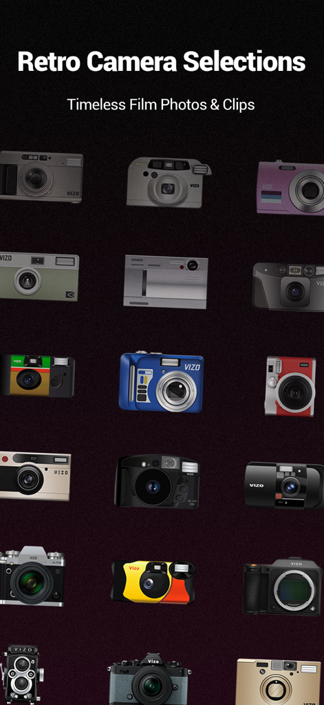 VizoCam-Filters&Vintage Camera - アプリで利用可能な多様なレトロカメラモデルとヴィンテージフィルムスタイルのディスプレイ。