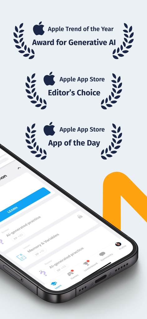 Sololearn coding app interface featuring Apple App Store Editor's Choice and Generative AI awards.