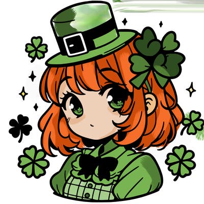 a manga-style girl with clovers around her, a little hat in her hair, like it's saint patrick's day