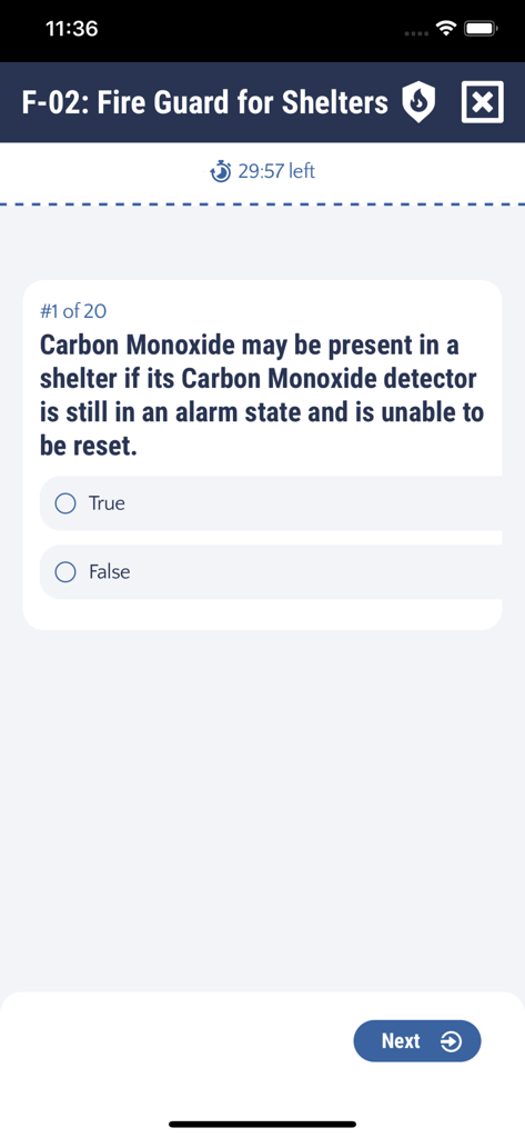 A true or false question on a mobile app interface for the F-02 Fire Guard for Shelters certification exam preparation.