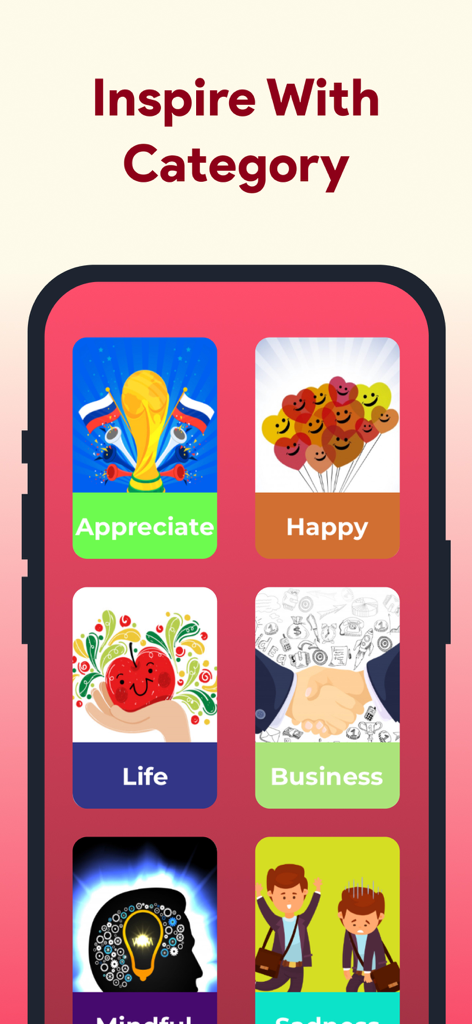 Mobile app screen showing motivational quote categories including Happy Life and Business