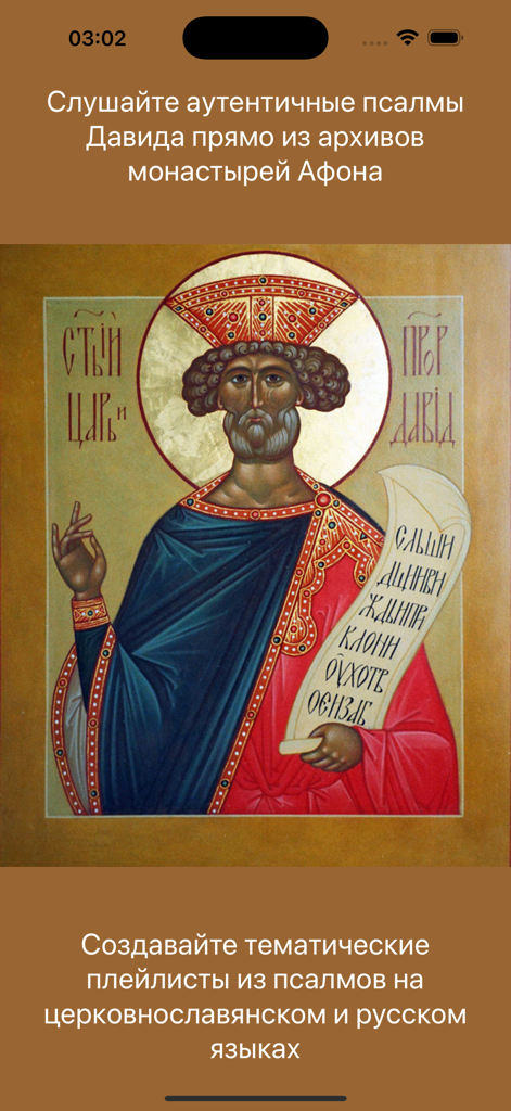 Psalms Pro: Orthodox Bible App - Traditional Orthodox icon of King David featured in the Psalms Pro app for audio prayer and playlists.