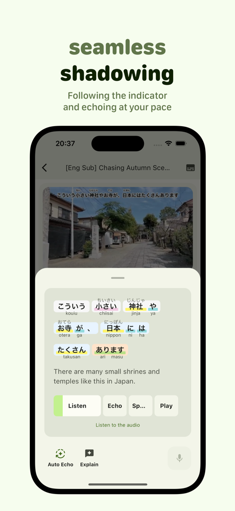 Miraa - AI transcribe & shadow - Función de imitación perfecta de la aplicación Miraa para el aprendizaje del idioma japonés.