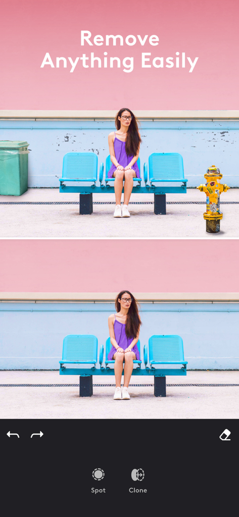 Vorher-Nachher-Vergleich, der die Entfernung einer Mülltonne und eines Hydranten aus einem Foto mit Photoleap zeigt