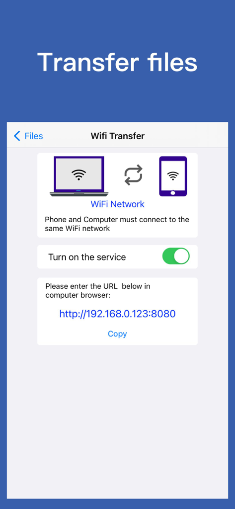 WiFi transfer interface in the iRAR app for sharing files between a mobile device and a computer