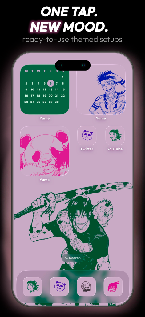 Anime widgets & themes: Yume - Aesthetic iPhone home screen featuring anime character widgets and custom app icons.