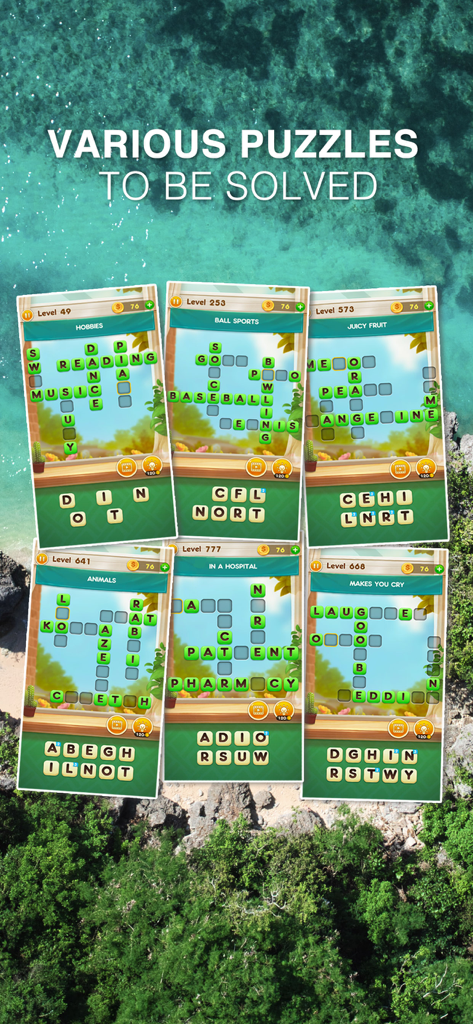 Word Free Time - A collection of various themed crossword puzzles from the Word Free Time app including hobbies and ball sports levels.