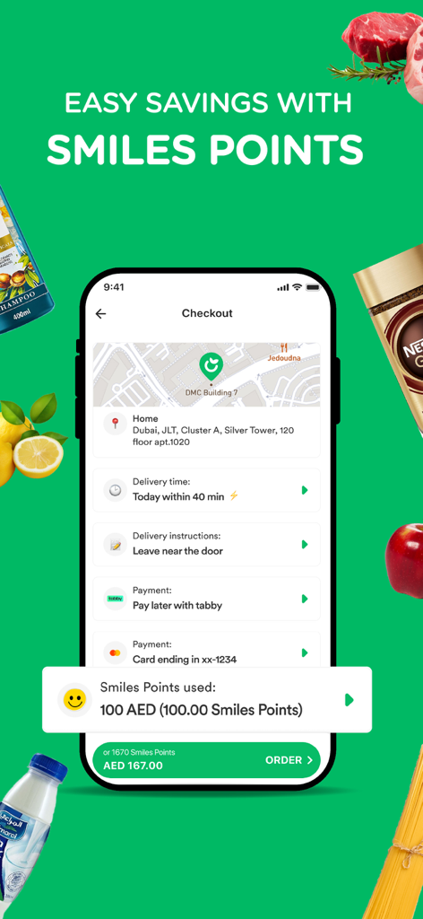 elGrocer app checkout screen showing delivery details and savings with Smiles Points