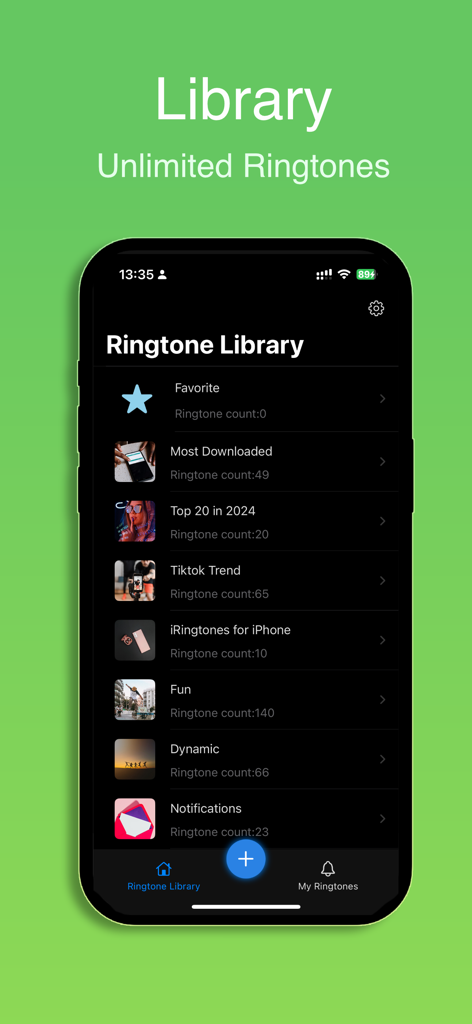 Any Ringtone Maker & Saver - iPhone app screen displaying a ringtone library with categories including TikTok Trend, Top 20 in 2024, and Fun tones.