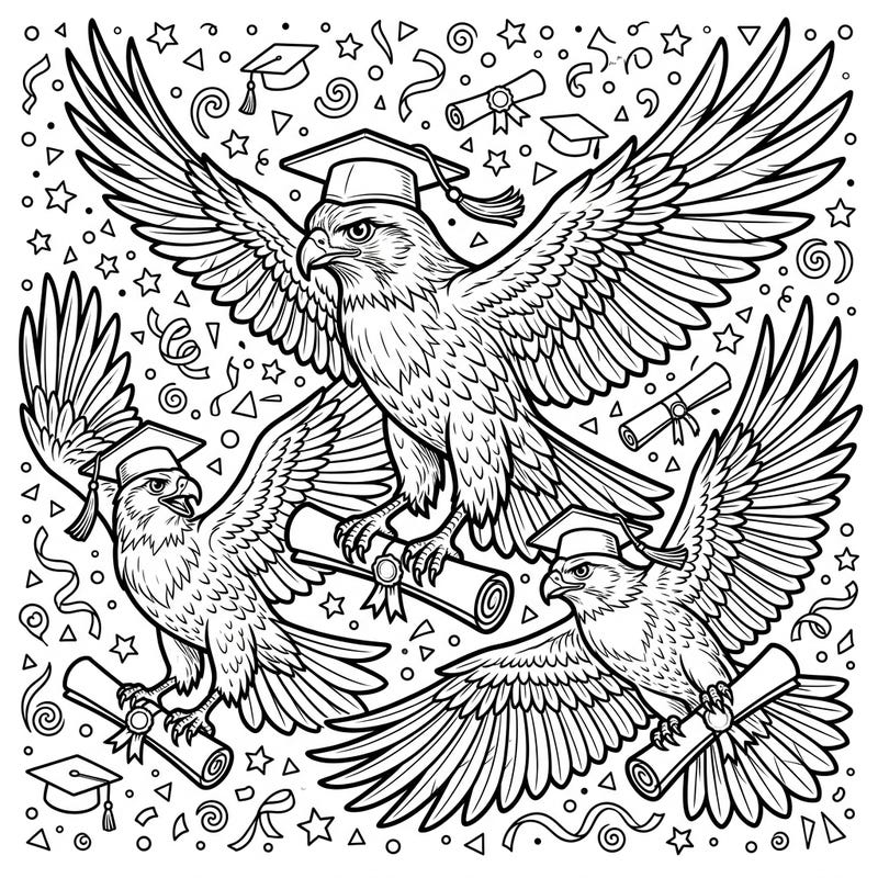 Celebrate academic achievement with this dynamic coloring page featuring majestic hawks adorned with graduation caps and diplomas. Perfect for teens, this intricate design captures the excitement and triumph of graduation day.