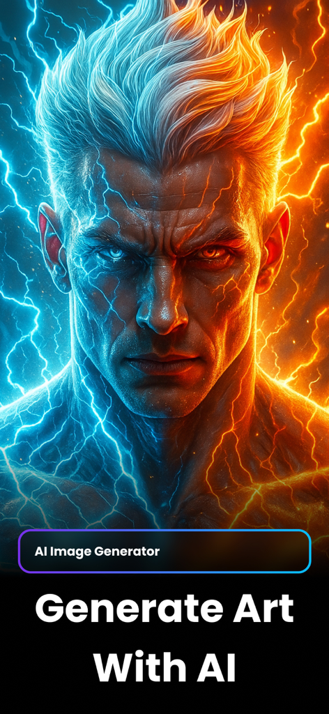 Playground AI: Image Generator - Un retrato cinemático generado por IA de un hombre rodeado de efectos de relámpagos azules y naranjas.