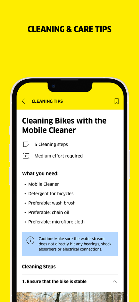 Kärcher Home & Garden - Karcherアプリの画面。自転車のクリーニングに関するステップバイステップの説明が表示されています。