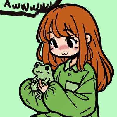girl with long hair and a oversized shirt. and she is holding a frog