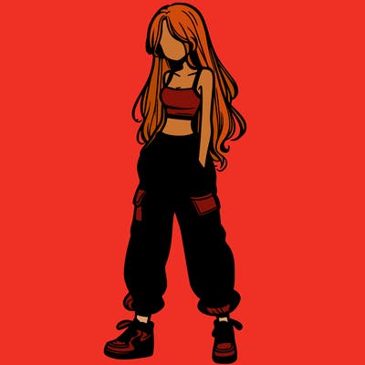 girl in baggy pants crop top and long hair