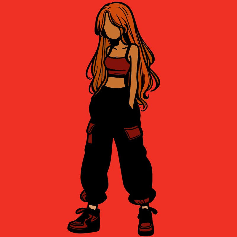 girl in baggy pants crop top and long hair