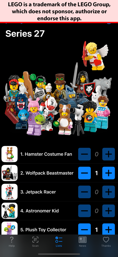 Minifig Scan - Mobile app screen showing a checklist of LEGO Series 27 minifigures with quantity trackers.