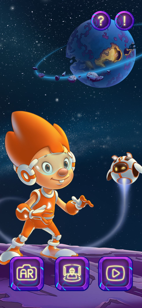 Pips comics - Pips, el personaje de cómic, con un traje espacial en un planeta morado con botones de funciones RA y RM