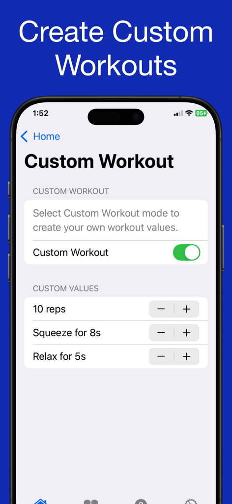 iPhone screen showing the custom workout settings in the Kratos Kegel Workout app for adjusting reps and timing