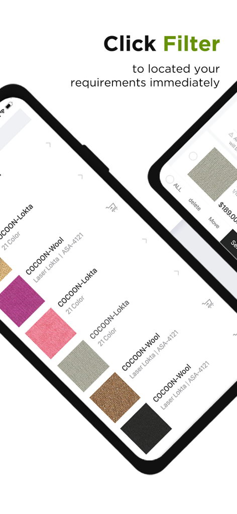 UPW - Écran de smartphone affichant des échantillons de fils et une fonction de filtre dans l'application UPW