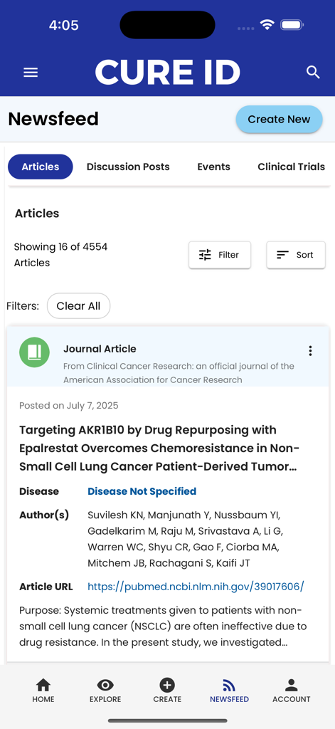 CURE ID - CURE ID app newsfeed displaying a scientific journal article about drug repurposing for lung cancer treatment.