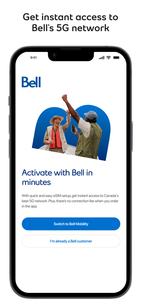 Une interface mobile pour l'application MyBell présentant des options d'activation du réseau 5G et une image de deux hommes en train de pêcher.