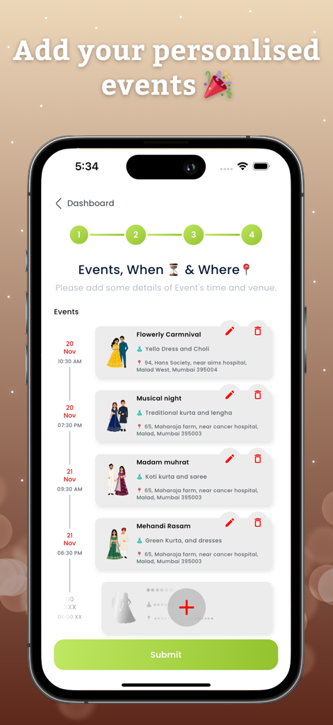 Invitation Card Pdf Maker - A mobile app interface for adding personalized event details like time, location, and dress code for an invitation card.